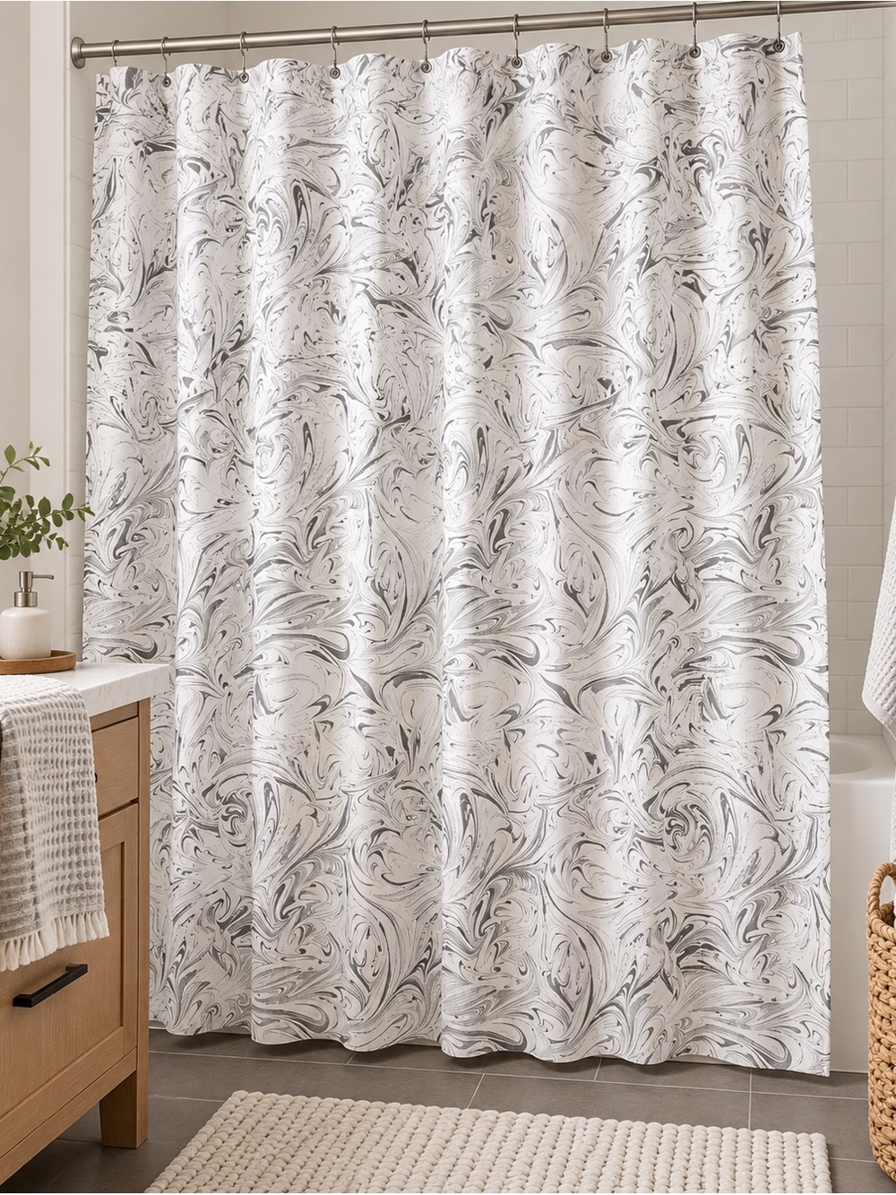 Room Essentials Gray & White Marble Swirl Fabric Shower Curtain